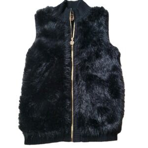 Anne Klein Black Faux Fur Vest - Size Medium - Gold Zipper Detail
